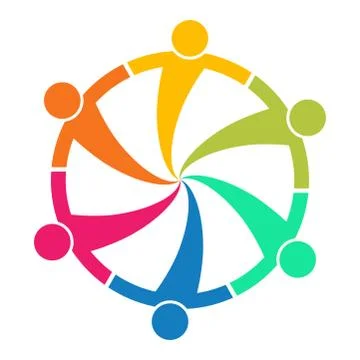Group of six persons in circle. holding hands.The summit workers are meeting  Stock Illustration