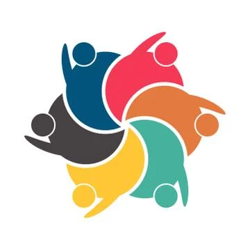 Group of six persons in circle. holding hands.The summit workers are meeting  Stock Illustration