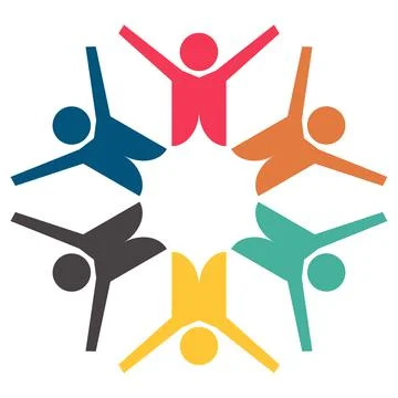 Group of six persons in circle. holding hands.The summit workers are meeting  Stock Illustration