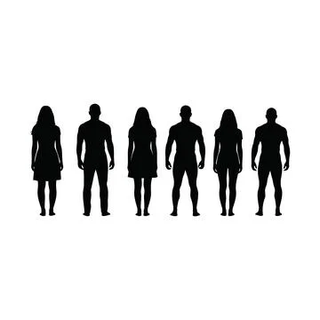 A group of six silhouette figures three men and three women stand side by s.. Stock Illustration