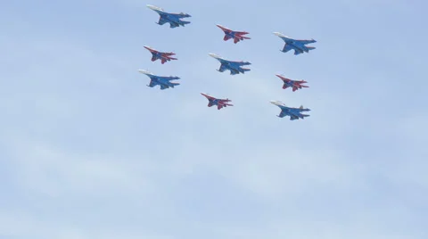 A group of six Su-27 as a symbol of Russian flag, Moscow. Russian Air Force. Stock Footage 53044658