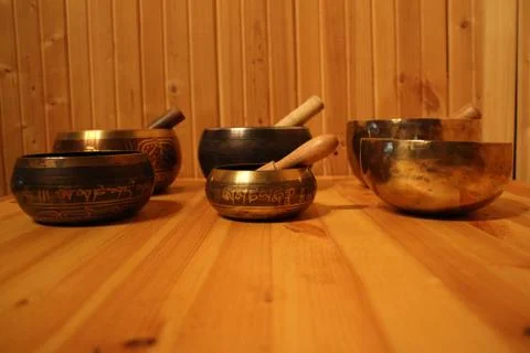 Group of six tibetian bowls Stock Photos