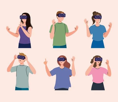 Group of six young people using reality virtual masks technology devices Illustrazione stock