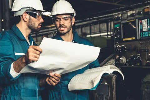 Group of skillful factory workers using machine equipment in workshop Stock Photos