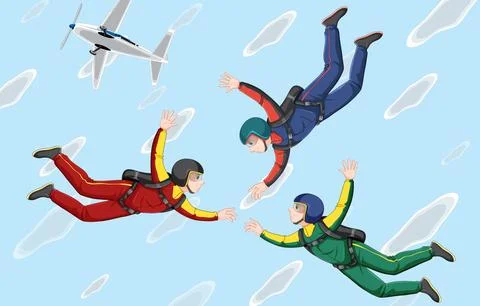 Group of skydivers freefall on sky Stock Illustration