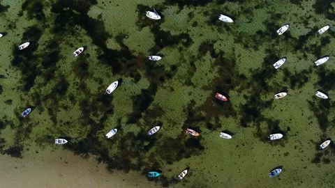 Group of small dinghy lying in the water aerial 4K 2 Stock Footage 236723573