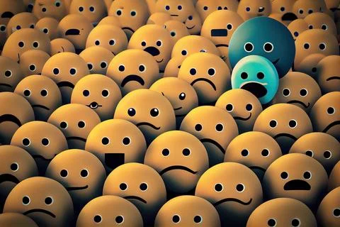 A group of smiley faces with a blue ball in the middle of them surrounded b.. Illustrazione stock