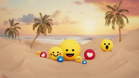 Group of smiley faces in the sand with palm trees 3D render animation Stock Footage 319579902