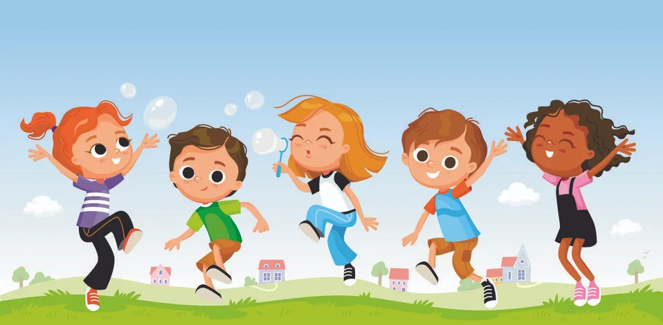 Group of smiling, jumping, blowing soap bubbles children. Stock Illustration