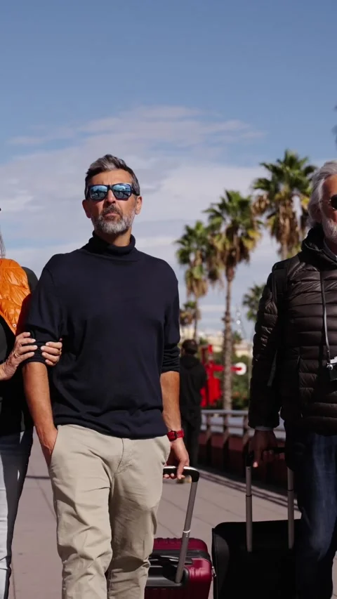 Group of smiling middle-aged friends walking carefree with their luggage on Stock Footage 270254394