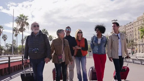 Group of smiling middle-aged friends walking carefree with their luggage on Stock Footage 270997017