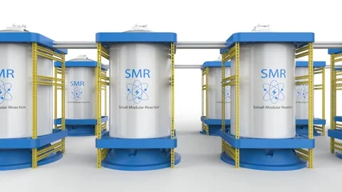 Group of smr or small modular nuclear reactors power plant on white backgro.. Stock Footage 328144218