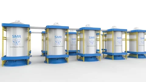 Group of smr or small modular nuclear reactors power plant on white backgro.. Stock Footage 328144219