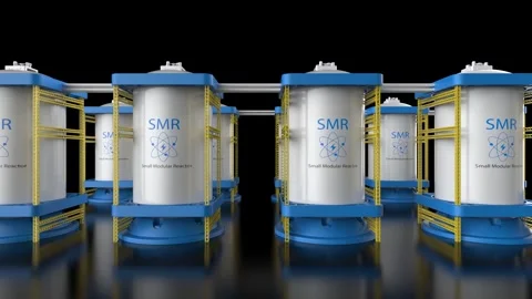 Group of smr or small modular nuclear reactors power plant on black backgro.. Stock Footage 328144220