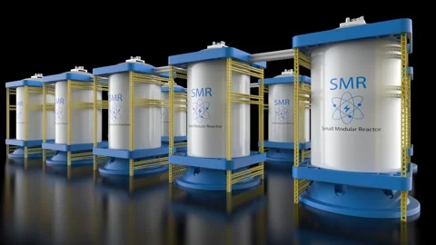 Group of smr or small modular nuclear reactors power plant on black backgro.. Stock Footage 328144225