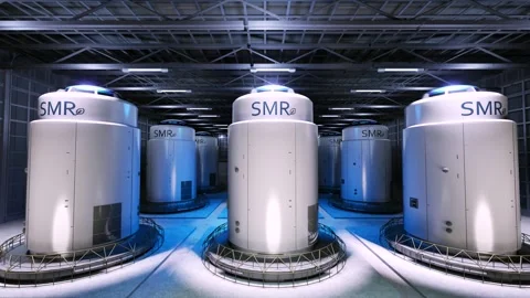 Group of smr or small modular nuclear reactors power plant Stock Footage 341914181