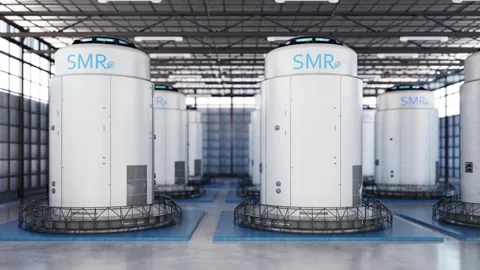 Group of smr or small modular nuclear reactors power plant in daytime Stock Footage 341914194