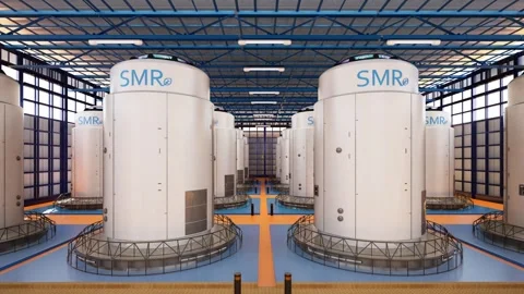 Group of smr or small modular nuclear reactors power plant in daytime Stock Footage 341914196
