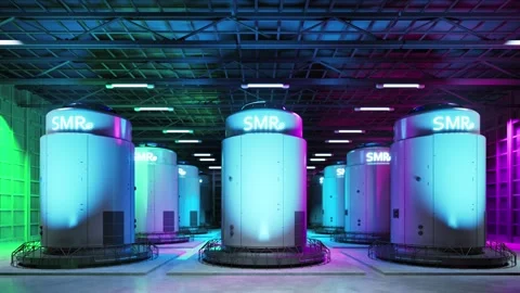 Group of smr or small modular nuclear reactors power plant with neon light Stock Footage 341914198