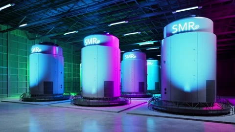 Group of smr or small modular nuclear reactors power plant with neon light Stock Footage 341914199