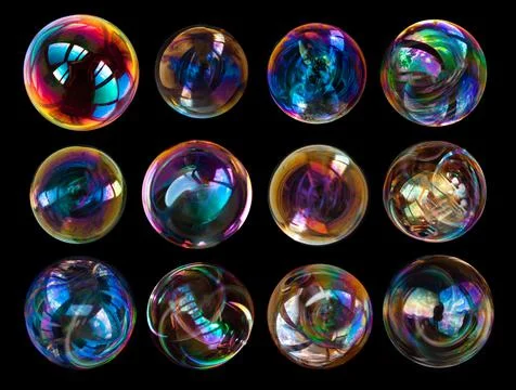 Group of soap bubbles isolated on black background. Stock Photos