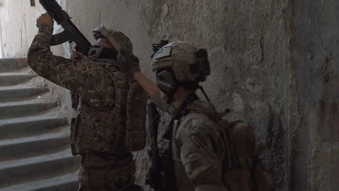 A group of soldiers throws a grenade. airsoft. 4k Stock Footage 124706216