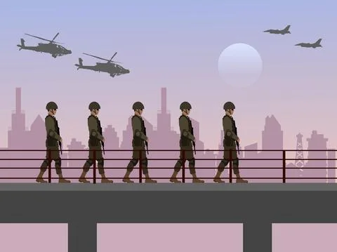 A group of soldiers walking on a bridge in a warring city. Stock Illustration