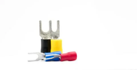 Group of spade terminals electrical cable connector accessories isolated on w Foto stock