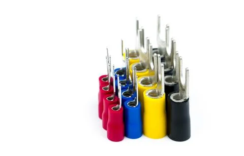 Group of spade terminals electrical cable connector accessories isolated on w Stock-Fotos