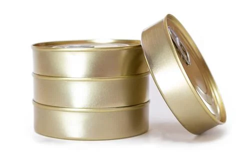A Group of Stacked Tin Cans with Blank Edges Isolated on White Stock Photos