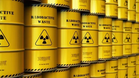 Group of stacked yellow drums with radioactive waste Stock Footage