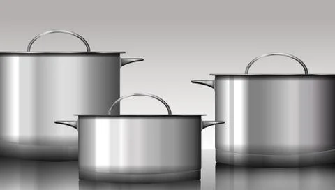 Group of stainless steel kitchenware isolated on white. Vector illustration. Stock-Illustration