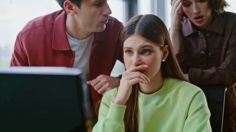 Group startupers having problems office closeup. Upset coworkers looking laptop Stock Footage 319762626