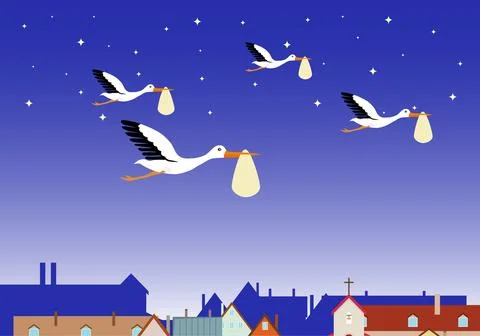 Group of storks flying with baby bundles over city houses at starry night Ilustração Stock