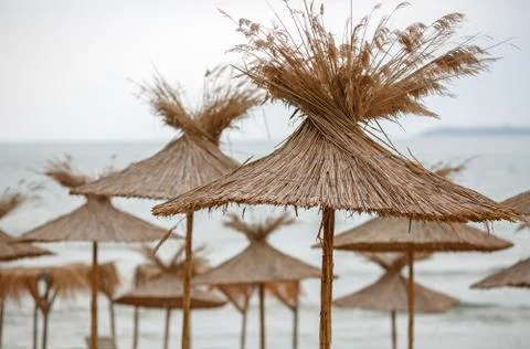 Group of straw umbrellas Stock Photos