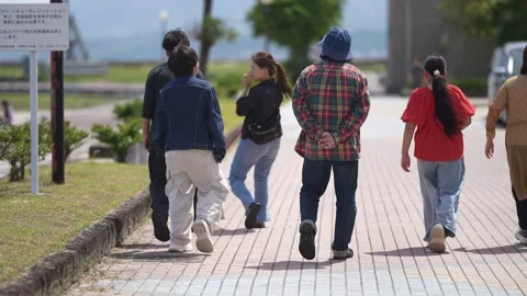 Group strolls along seaside path Vidéo 339982046