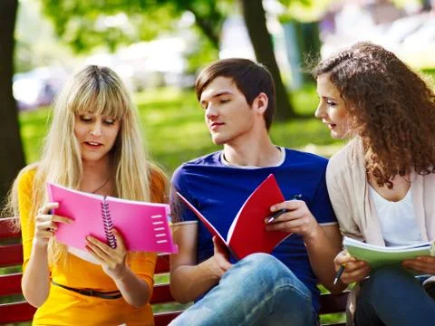 Group student with notebook on bench outdoor. Foto stock