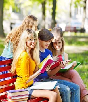 Group student with notebook outdoor. Foto stock