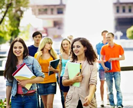 Group student with notebook outdoor. Foto stock