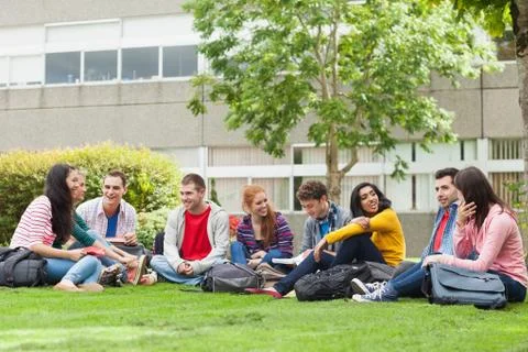 Group of students chatting on the grass on campus 스톡 사진