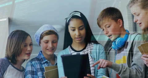 Group of students collaborating in tech classroom, with floating code overlays Stock Footage 307429450