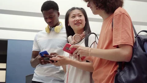 Group of students of different races using a cell phone. Multiracial youth in Stock Footage 165318371