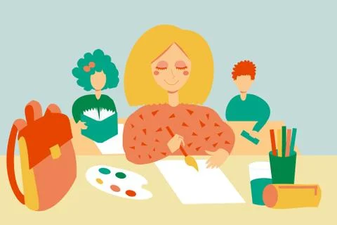 Group of students doing different tasks in the classroom Stock Illustration