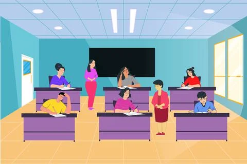 GROUP OF STUDENTS DOING EXAM AT CLASSROOM Illustrazione stock