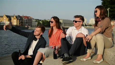 Group Of Students Doing Selfie Over the University Building. Four Young Happy Stock Footage 112067750