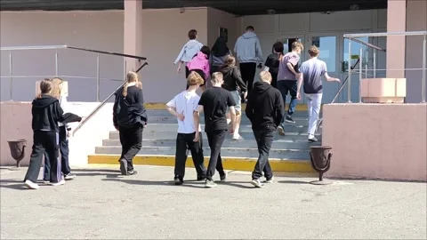 Group of students enters the school building Stock Footage 307587739