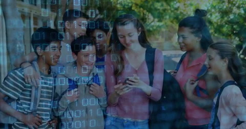 Group of students looking at phone with binary code animation overlay Stock Footage 306215334