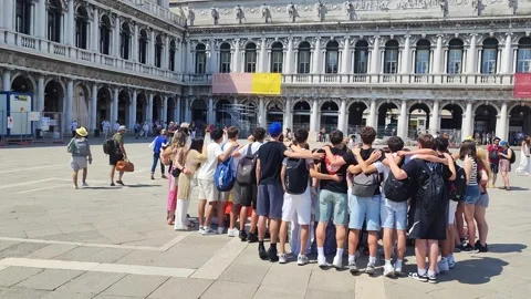 Group of students making a group photo, Venice, Italy on June 15th, 2024. Stock Footage 288142865
