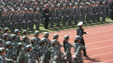 Group of students marching, China, Communism, parade, military outfit Видео 5723503