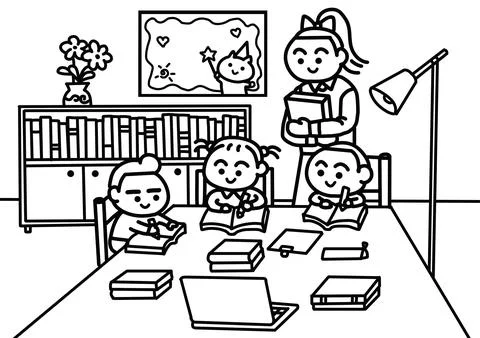 A group of students paying attention in class. Stock Illustration